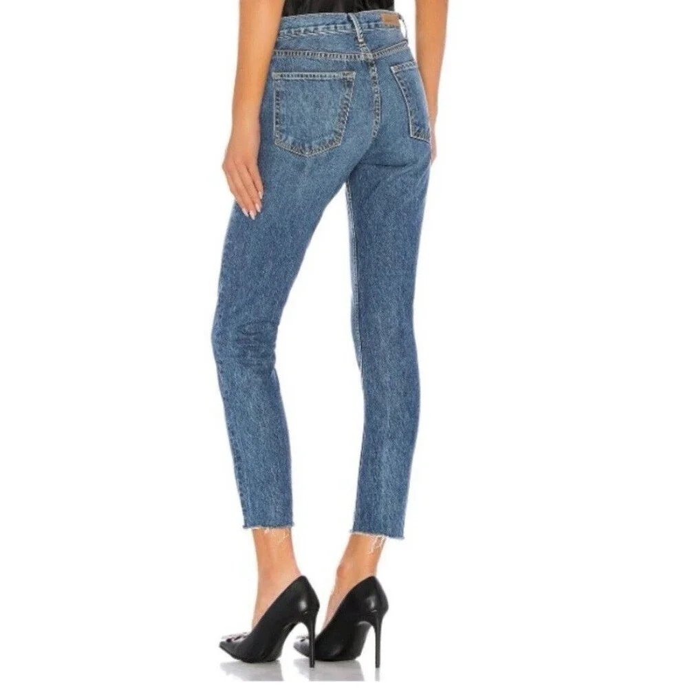 Grlfrnd Denim Blue Jeans Karolina Dark Wash Size 24 Raw Hem‎ Forget Me Never
